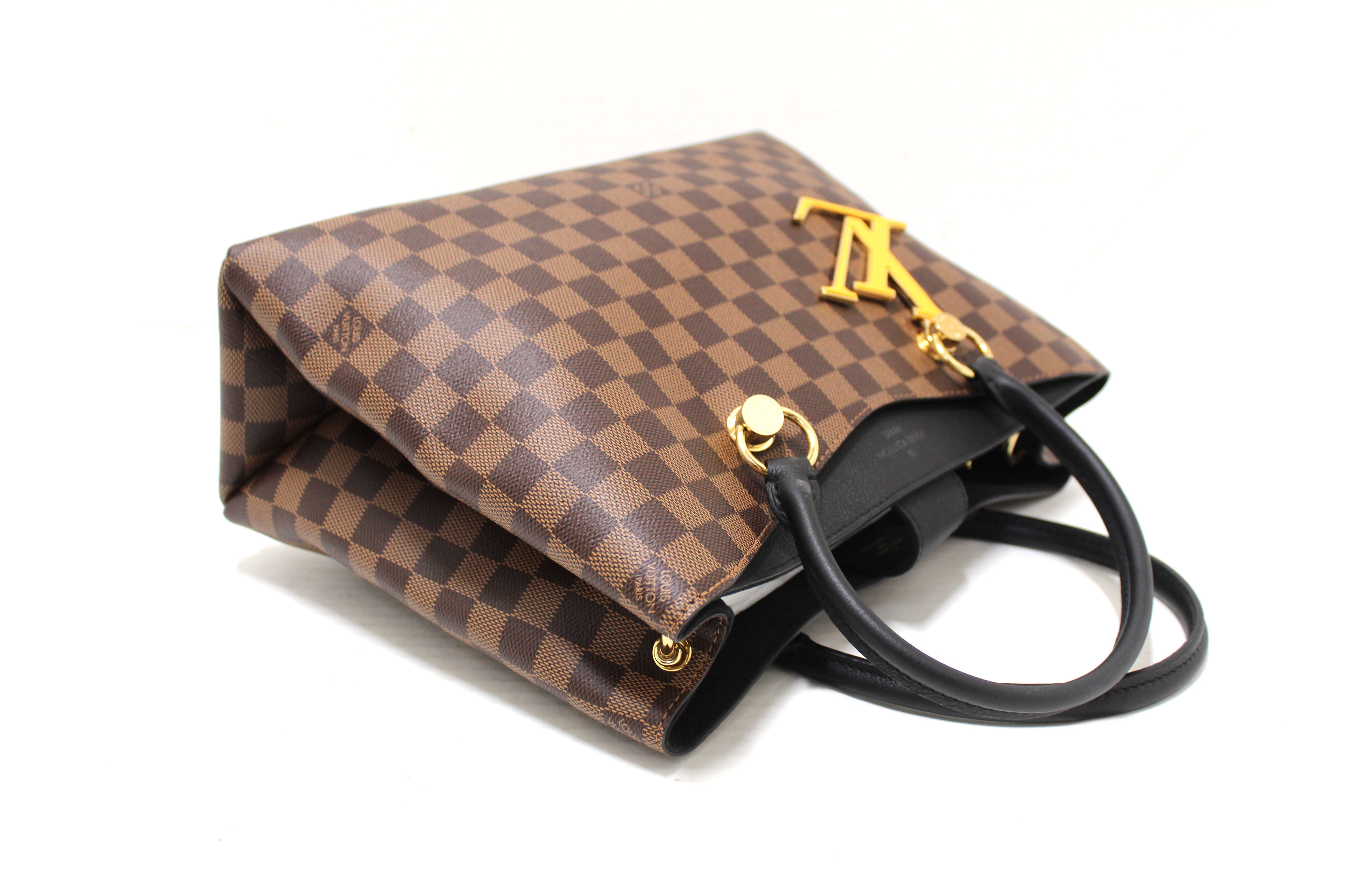 Authentic Louis Vuitton Damier Ebene Canvas With Black Leather Riverside Bag
