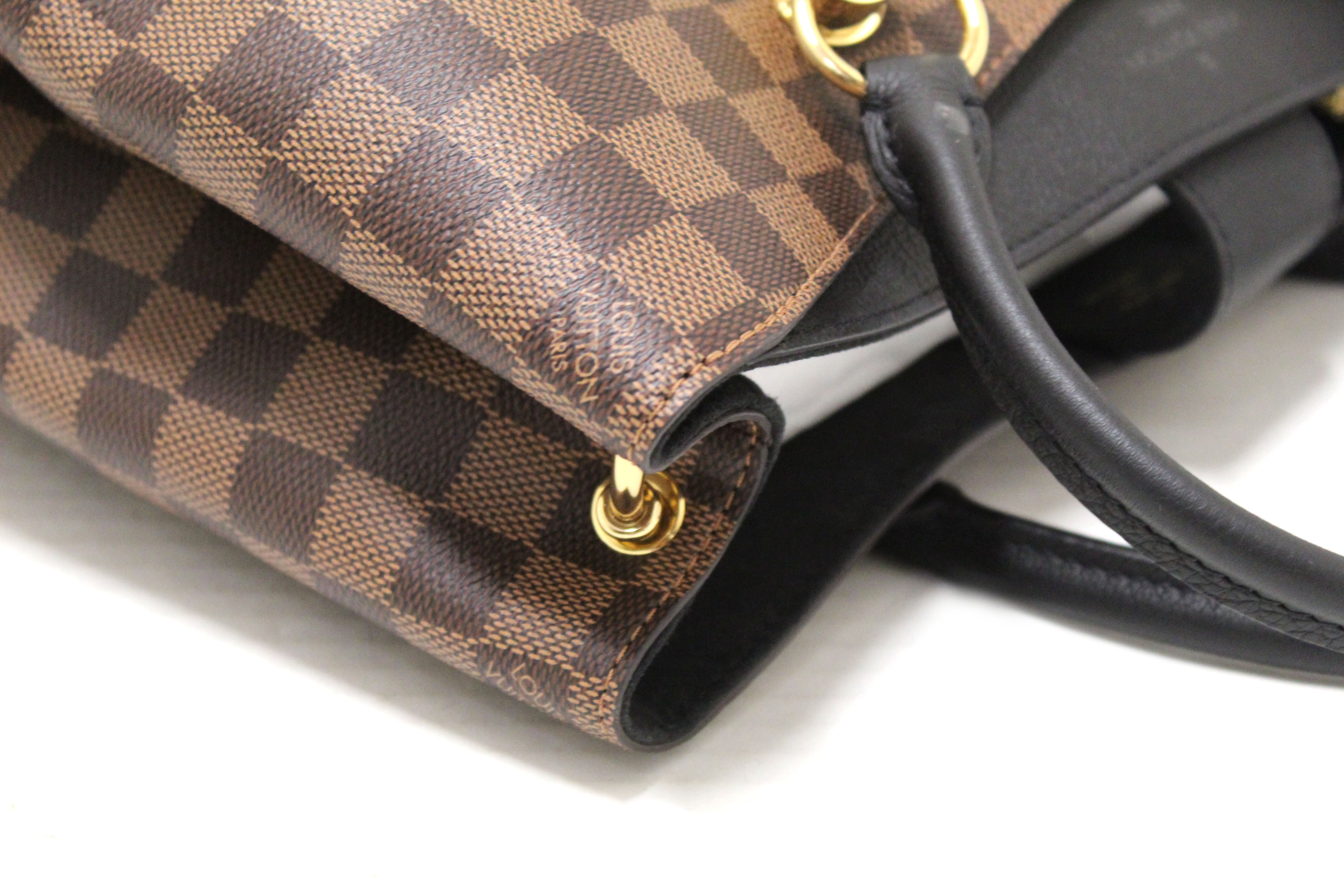 Authentic Louis Vuitton Damier Ebene Canvas With Black Leather Riverside Bag