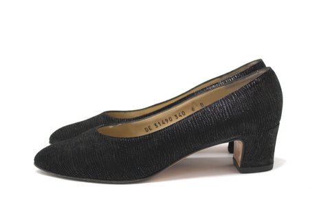 Authentic Salvatore Ferragamo Black Embossed Suede Leather Kitten Heel Size 6 B