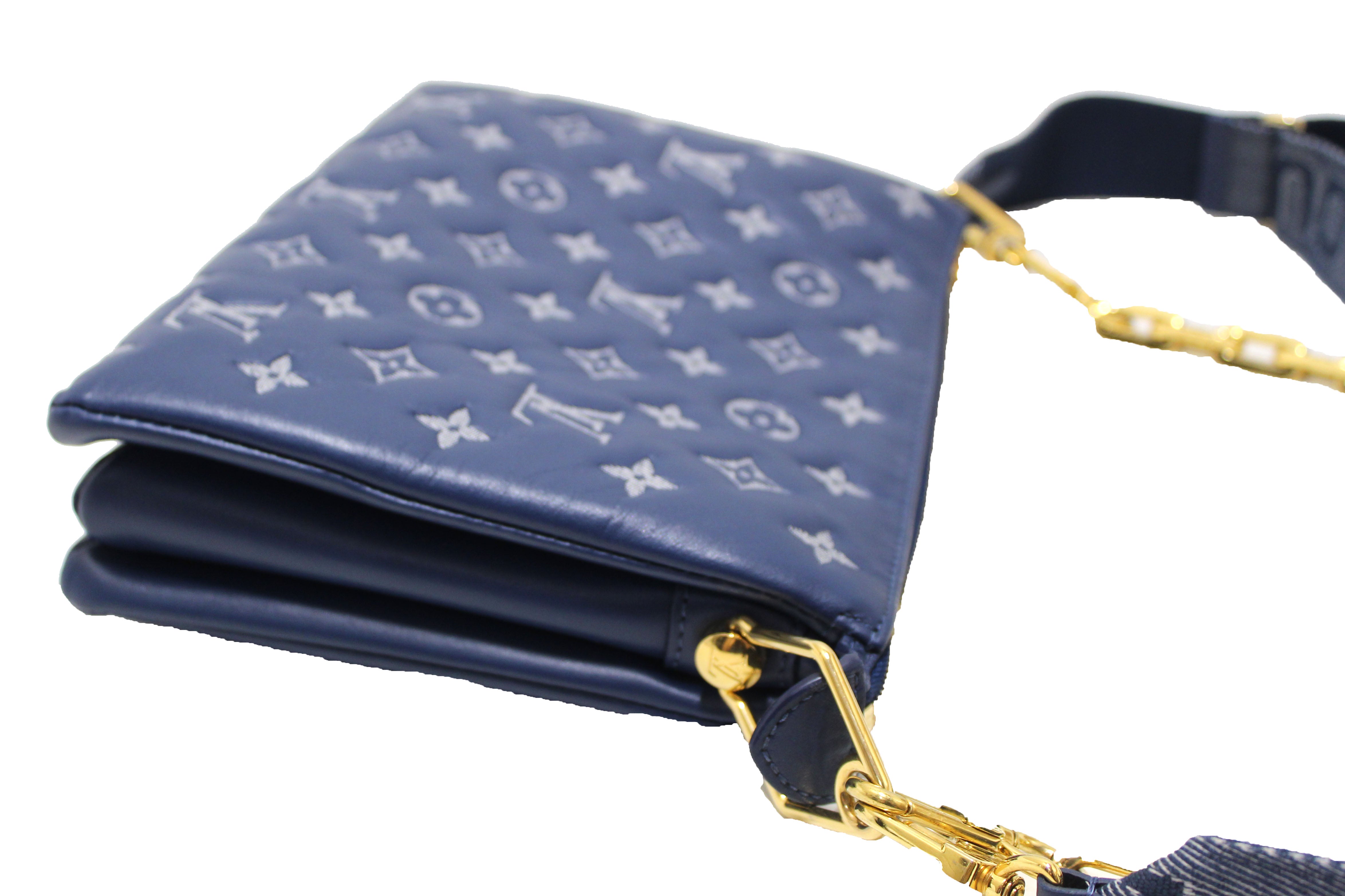 Authentic Louis Vuitton Denim Blue Lambskin Embossed Monogram Coussin PM Bag