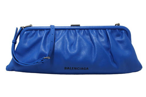 Authentic NEW Balenciaga Blue Grained Calfskin Leather XL Cloud Clutch with Strap