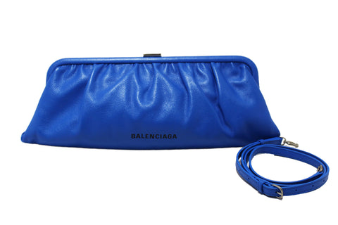 Authentic NEW Balenciaga Blue Grained Calfskin Leather XL Cloud Clutch with Strap