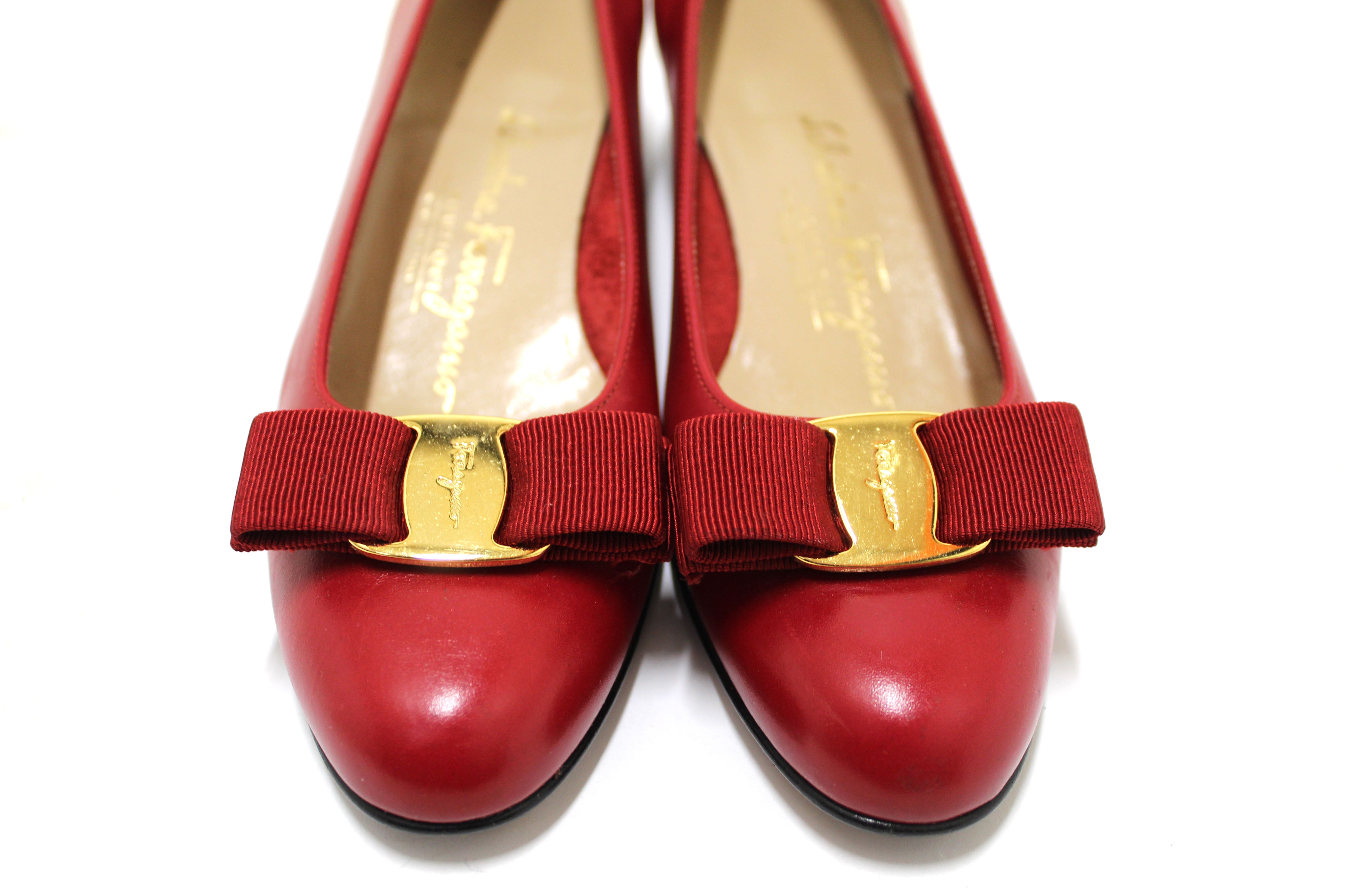 Authentic Salvatore Ferragamo Calfskin Red Leather Kitten Heel with Bow Size 6B