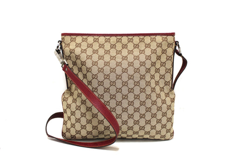 Authentic Gucci GG Monogram Coated Canvas with Red Leather Messenger Bag