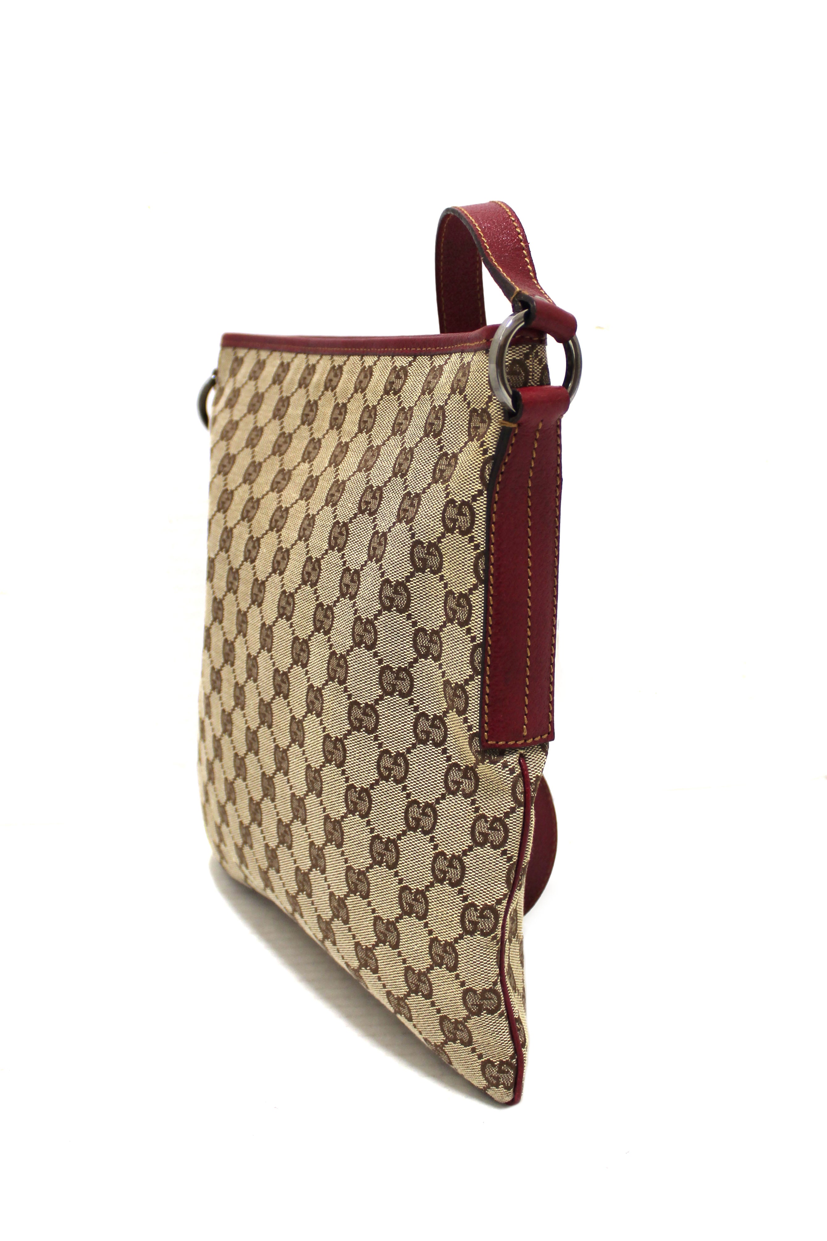 Authentic Gucci GG Monogram Coated Canvas with Red Leather Messenger Bag