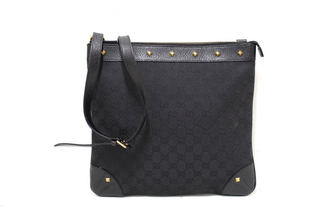 Authentic Gucci Black GG Monogram Coated Canvas with Gold Rockstud Messenger Bag