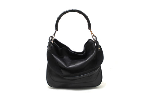 Authentic Gucci Black Leather with Silver Hardware Medium Bamboo Handle Shoulder Bag