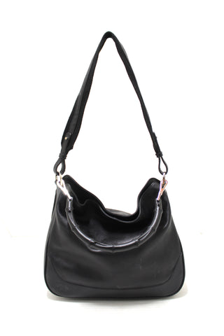 Authentic Gucci Black Leather with Silver Hardware Medium Bamboo Handle Shoulder Bag
