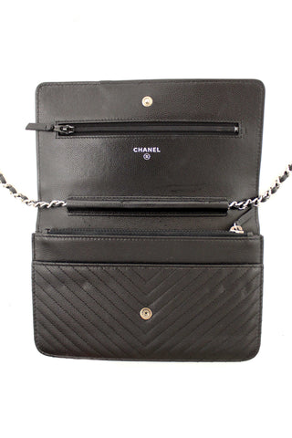 Authentic Chanel Black Chevron Caviar Leather Wallet On Chain WOC Crossbody Bag