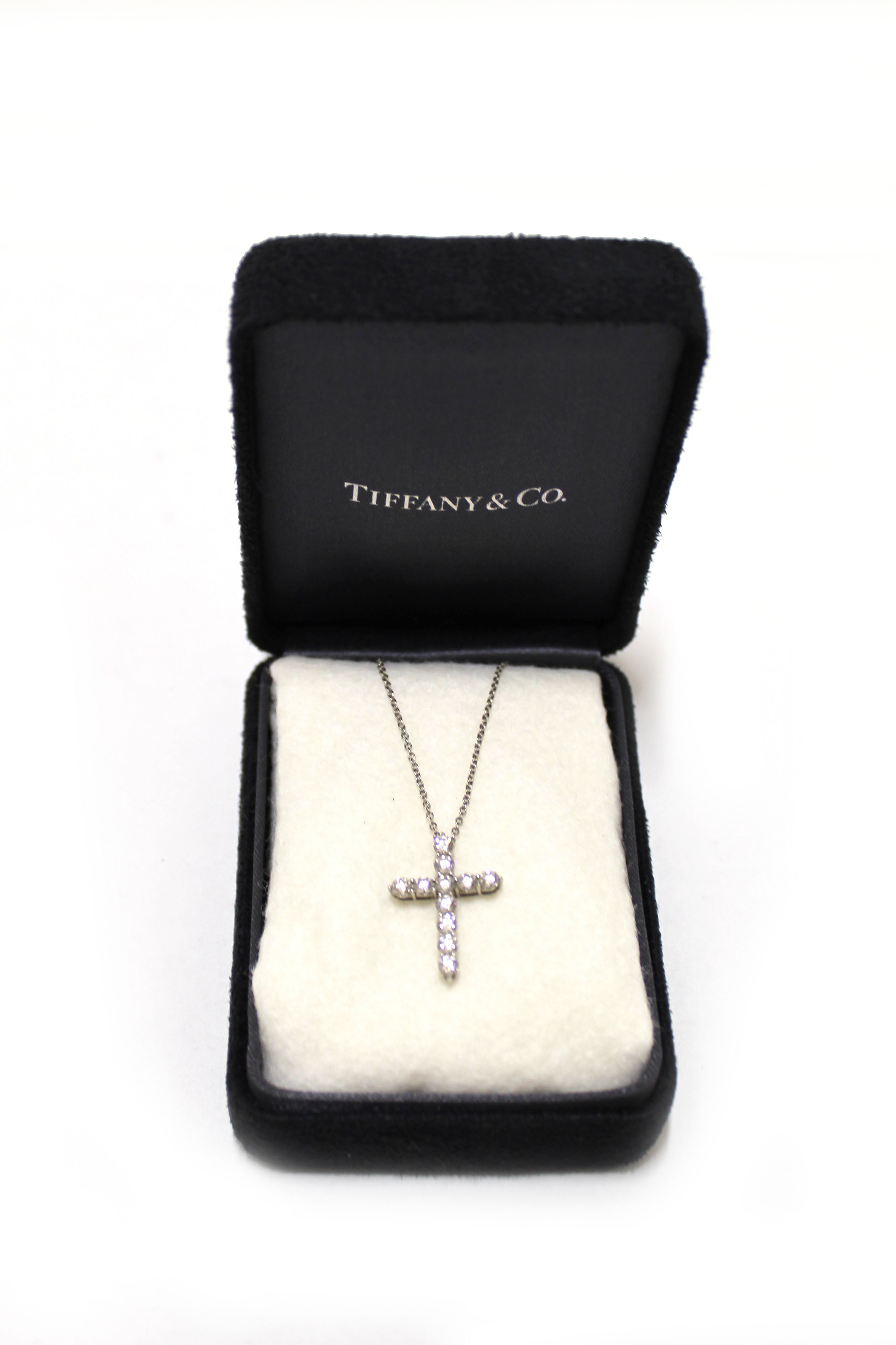 Authentic Tiffany&Co Platinum With Round Diamonds Medium Cross Pendant Necklace