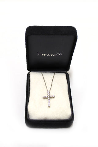 Authentic Tiffany&Co Platinum With Round Diamonds Medium Cross Pendant Necklace