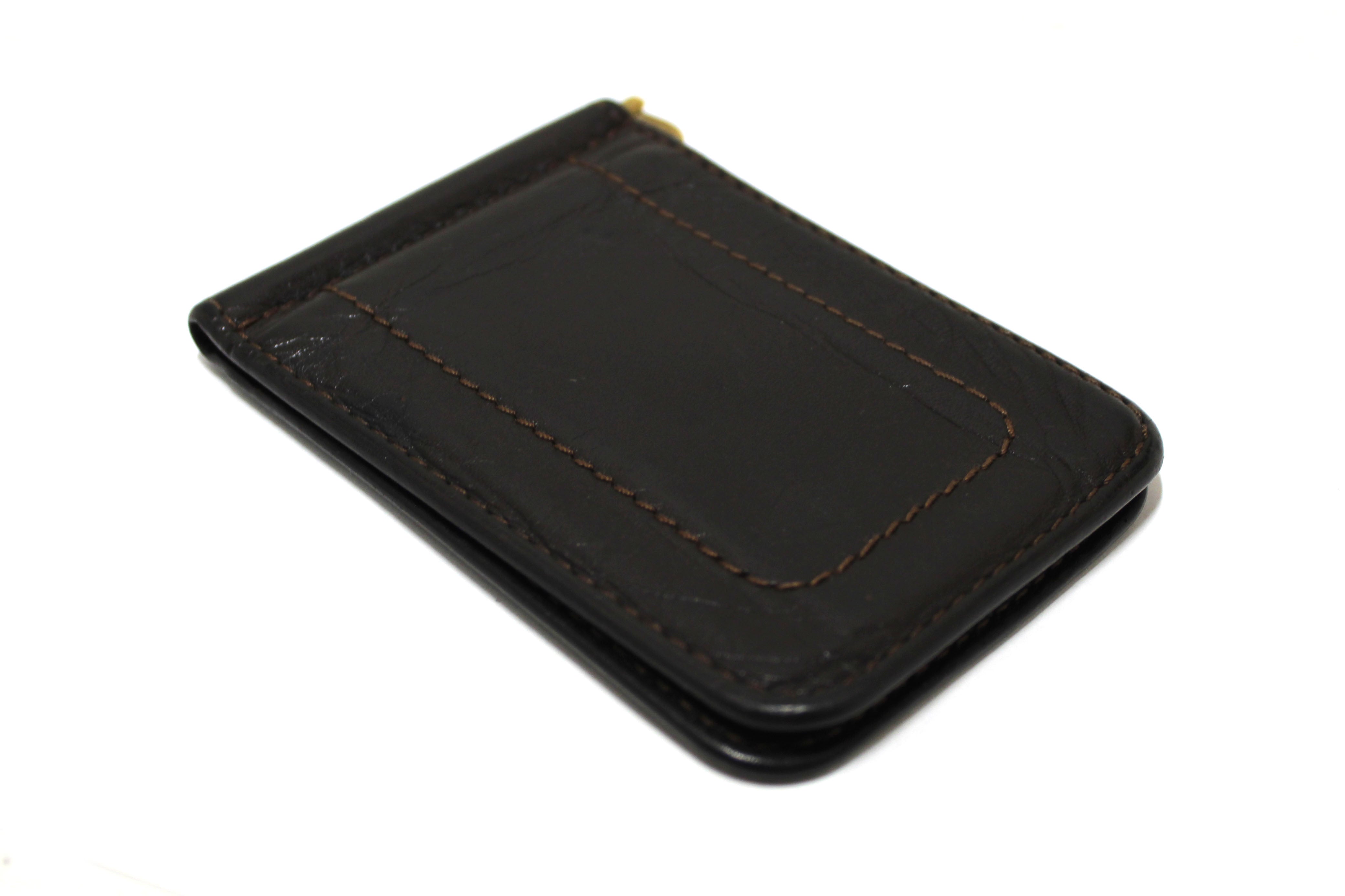 Authentic Louis Vuitton Vintage Brown Leather Money Clip Wallet Billfold
