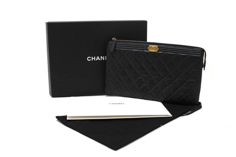 Authentic Chanel Black Lambskin Quilted Small Boy Zipped Pouch
