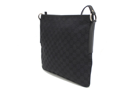 Authentic Gucci Black GG Fabric with Black Leather Trim Messenger Bag