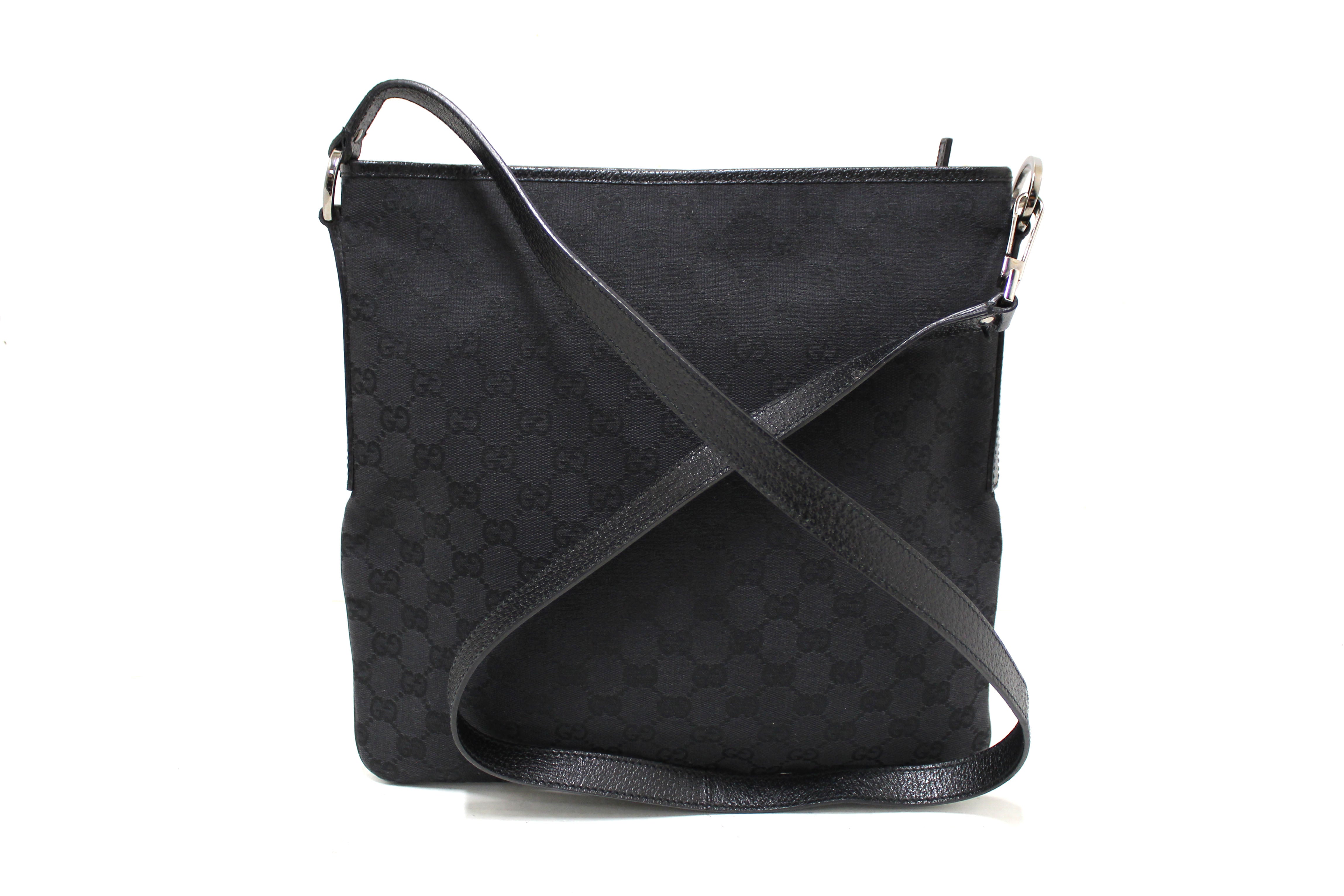 Authentic Gucci Black GG Fabric with Black Leather Trim Messenger Bag