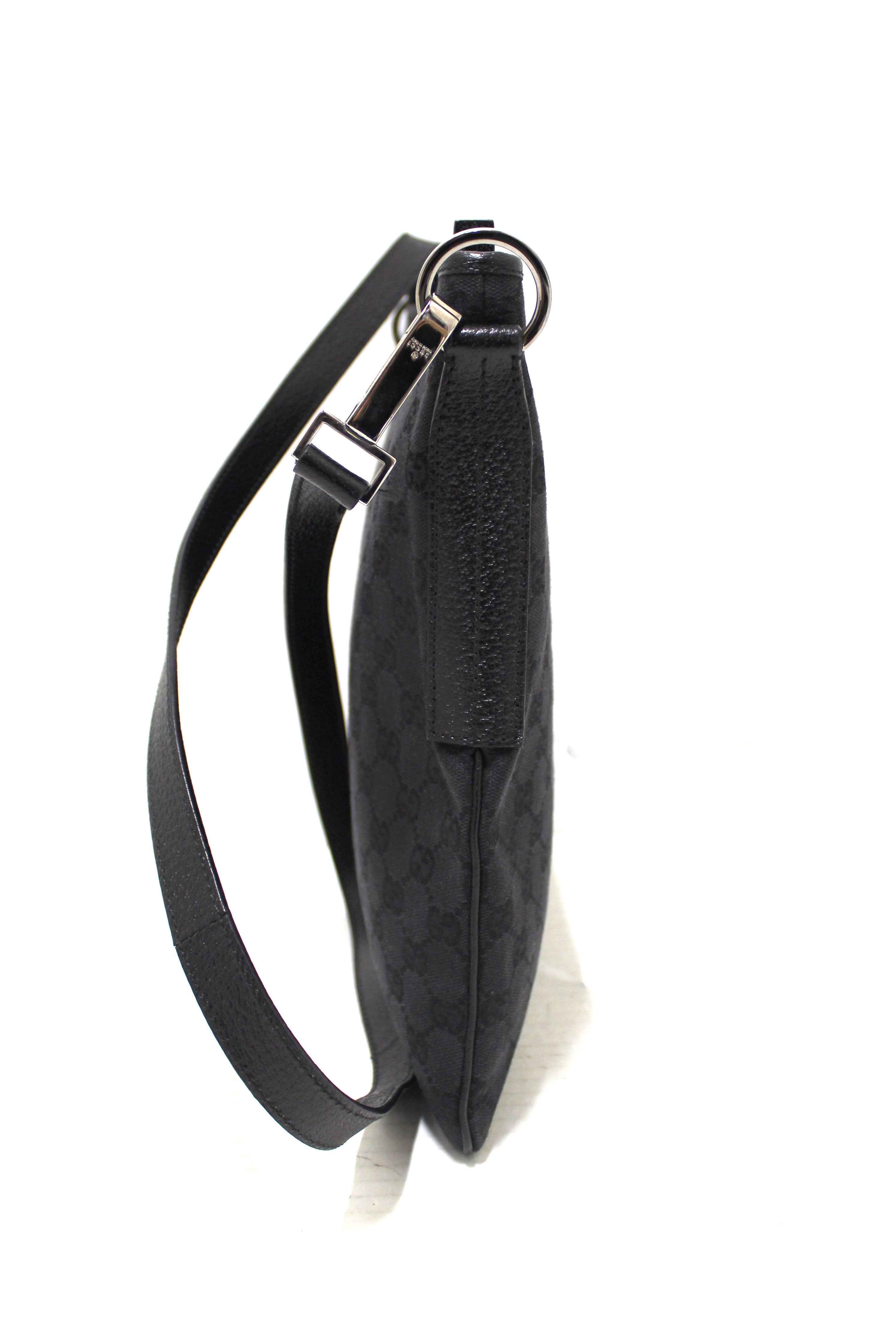 Authentic Gucci Black GG Fabric with Black Leather Trim Messenger Bag