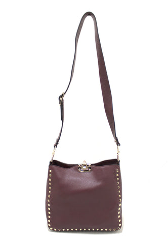 Authentic Valentino Garavani Burgundy Pebbled Leather Rockstud Flip-lock Messenger Bag