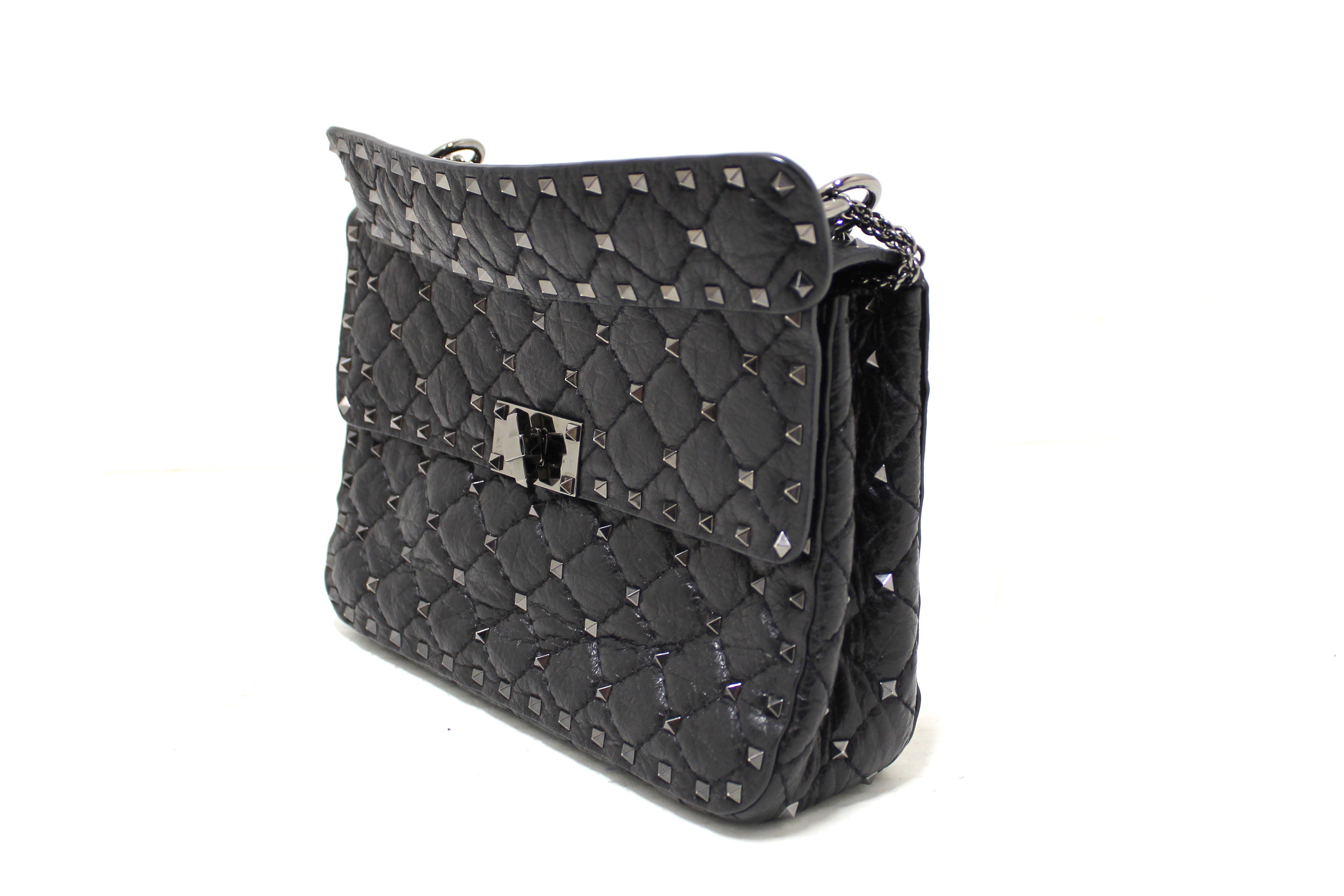 Authentic Valentino Garavani Black Quilted Nappa Leather Rockstud Spike Medium Shoulder Bag