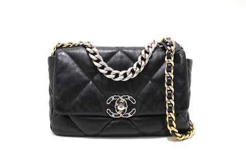 Authentic Chanel 19 Medium Black Quilted Lambskin Leather Shoulder Crossbody Bag
