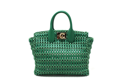 NEW Authentic Salvatore Ferragamo Green Woven Leather and Knotted Raffia Studio Box Tote Bag