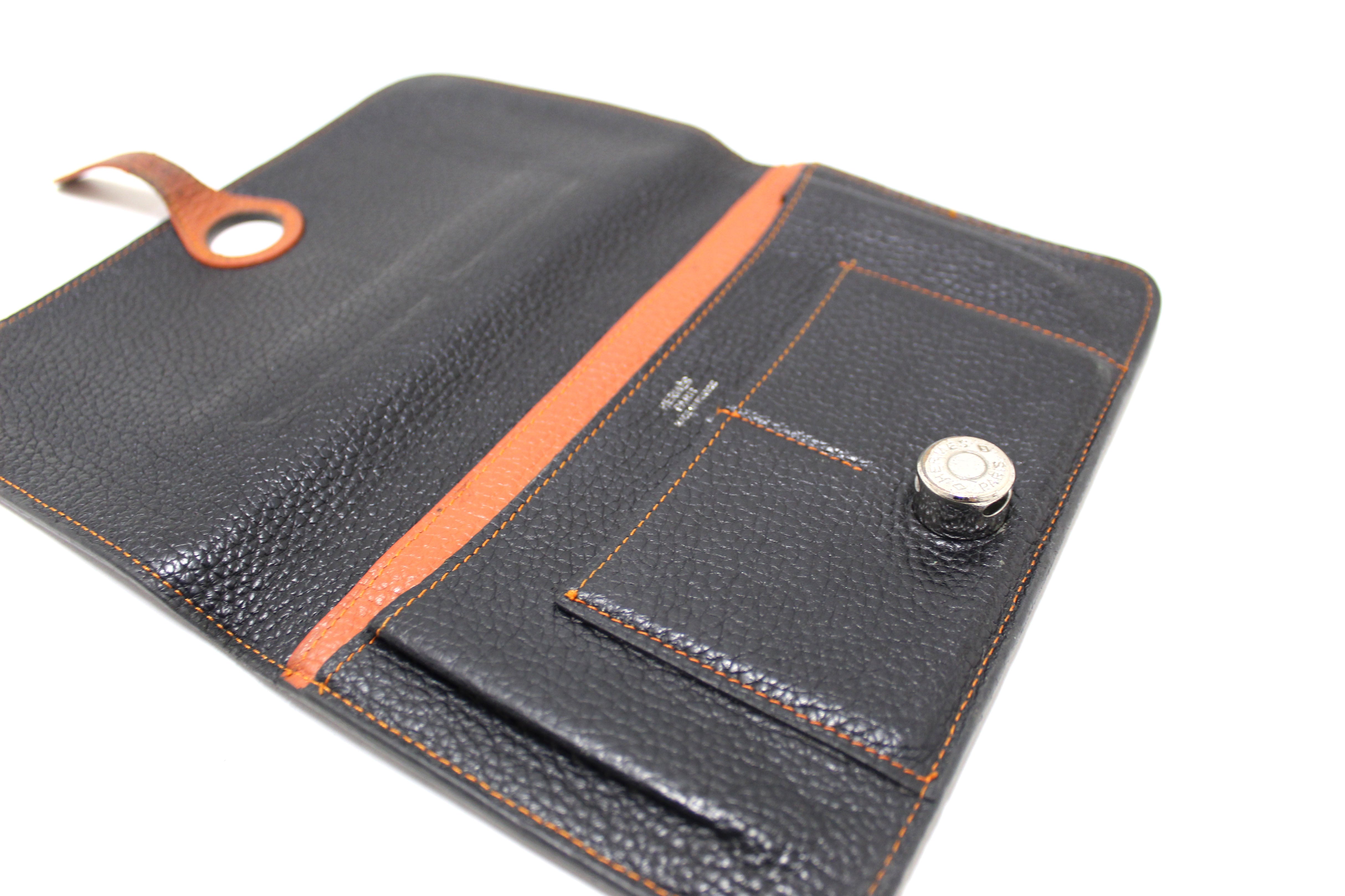 Authentic Hermes Black/Brown Bi-Color Togo Leather Dogon Wallet