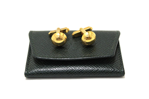 Authentic Louis Vuitton Gold Bouton de Manchette Crew Gold Cufflinks with Green Taiga Storage Case