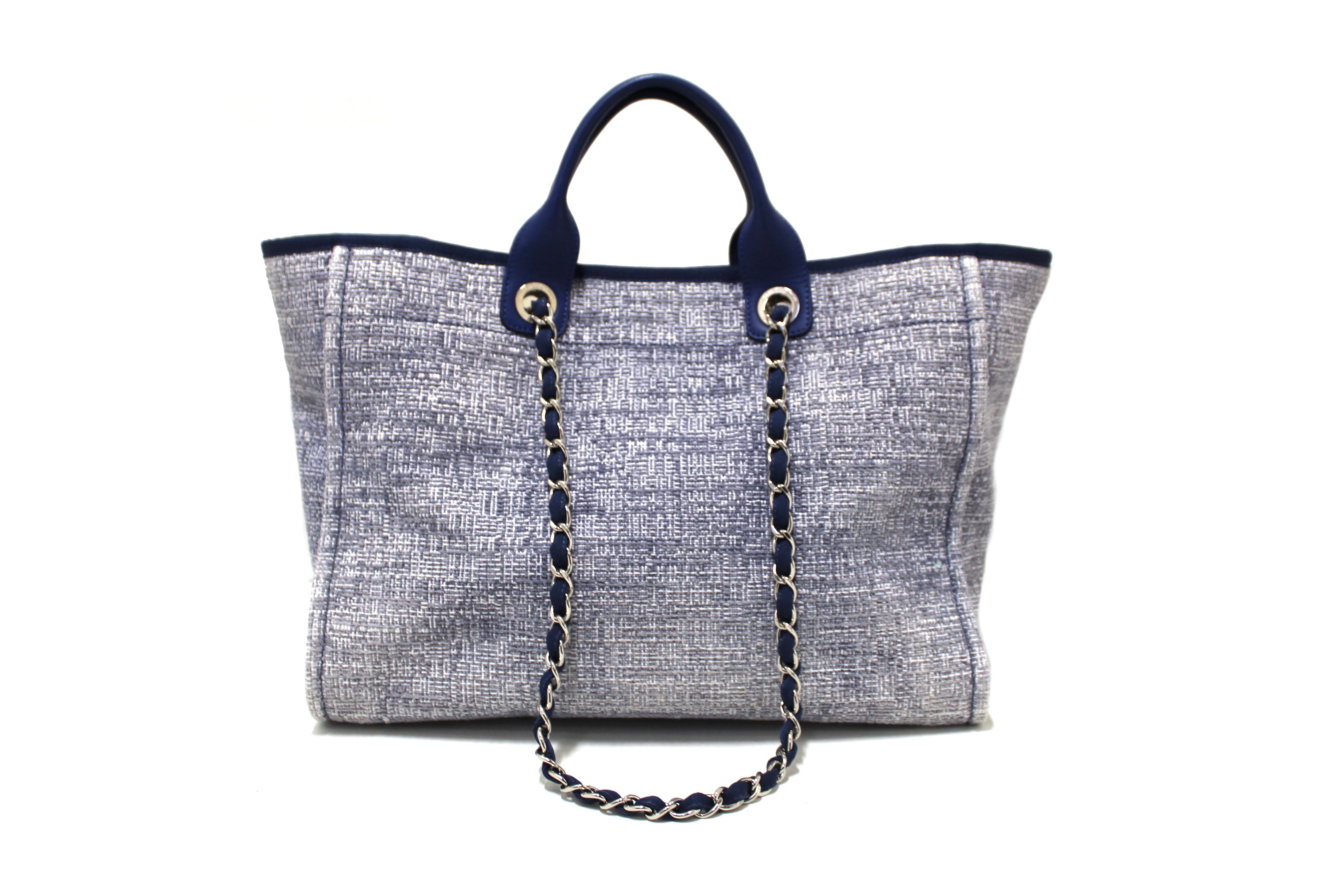Authentic Chanel Blue Tweed Maxi Deauville Shopping Tote