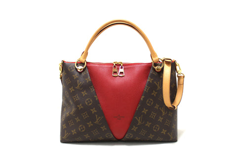 Authentic Louis Vuitton Classic Monogram  Canvas with Red Leather V Tote MM Bag