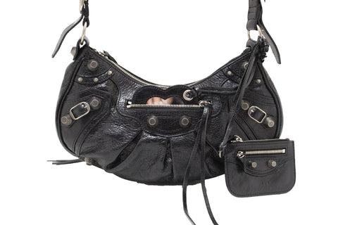 Authentic Balenciaga Black Arena Lambskin Leather Small Le Cagole Shoulder Bag