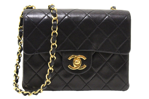 Authentic Chanel Vintage Black Quilted Lambskin Leather Classic Mini Square Flap Bag