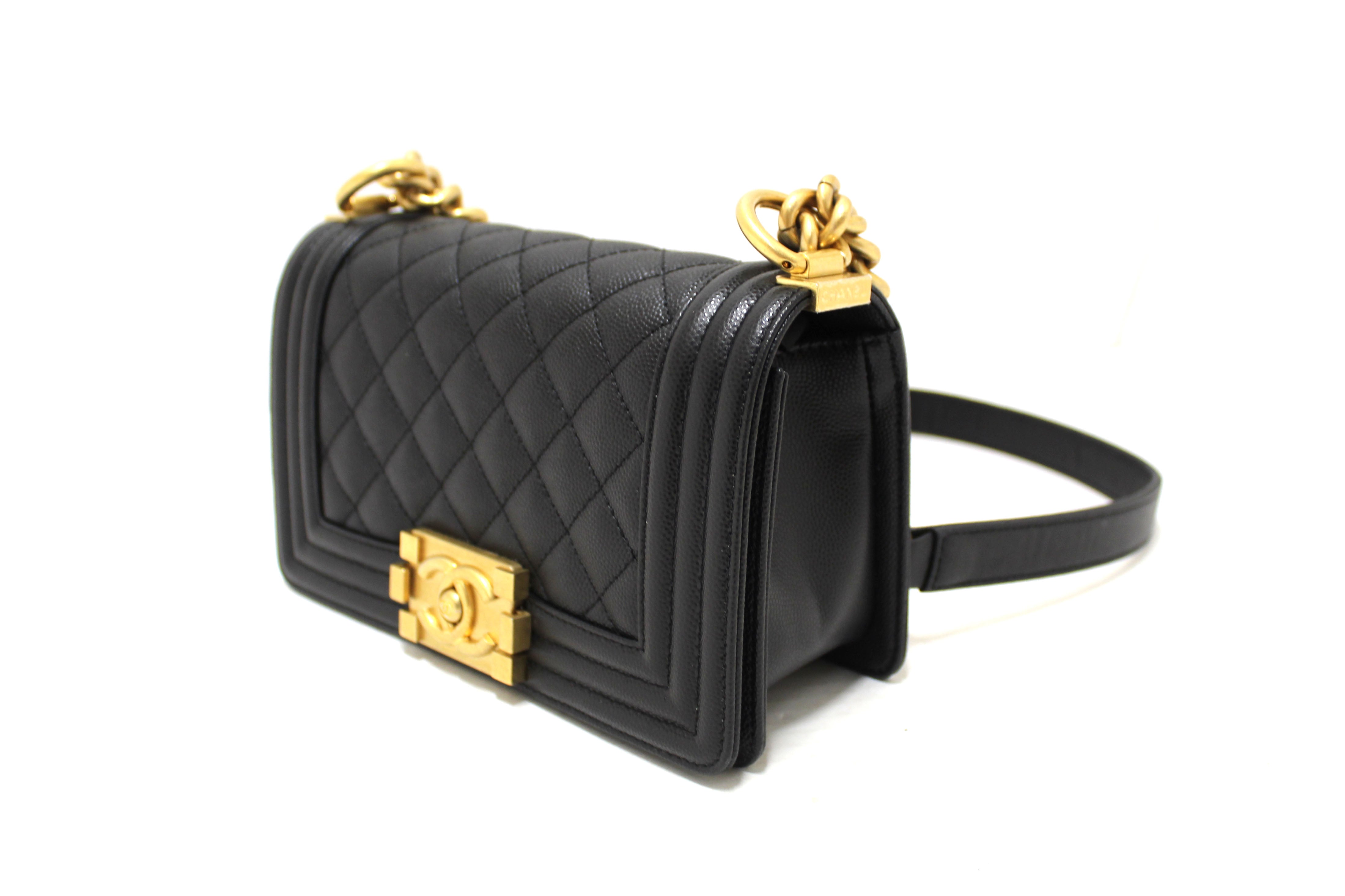 Authentic Chanel Black Quilted Caviar Leather Small Boy Flap Shoulder Bag