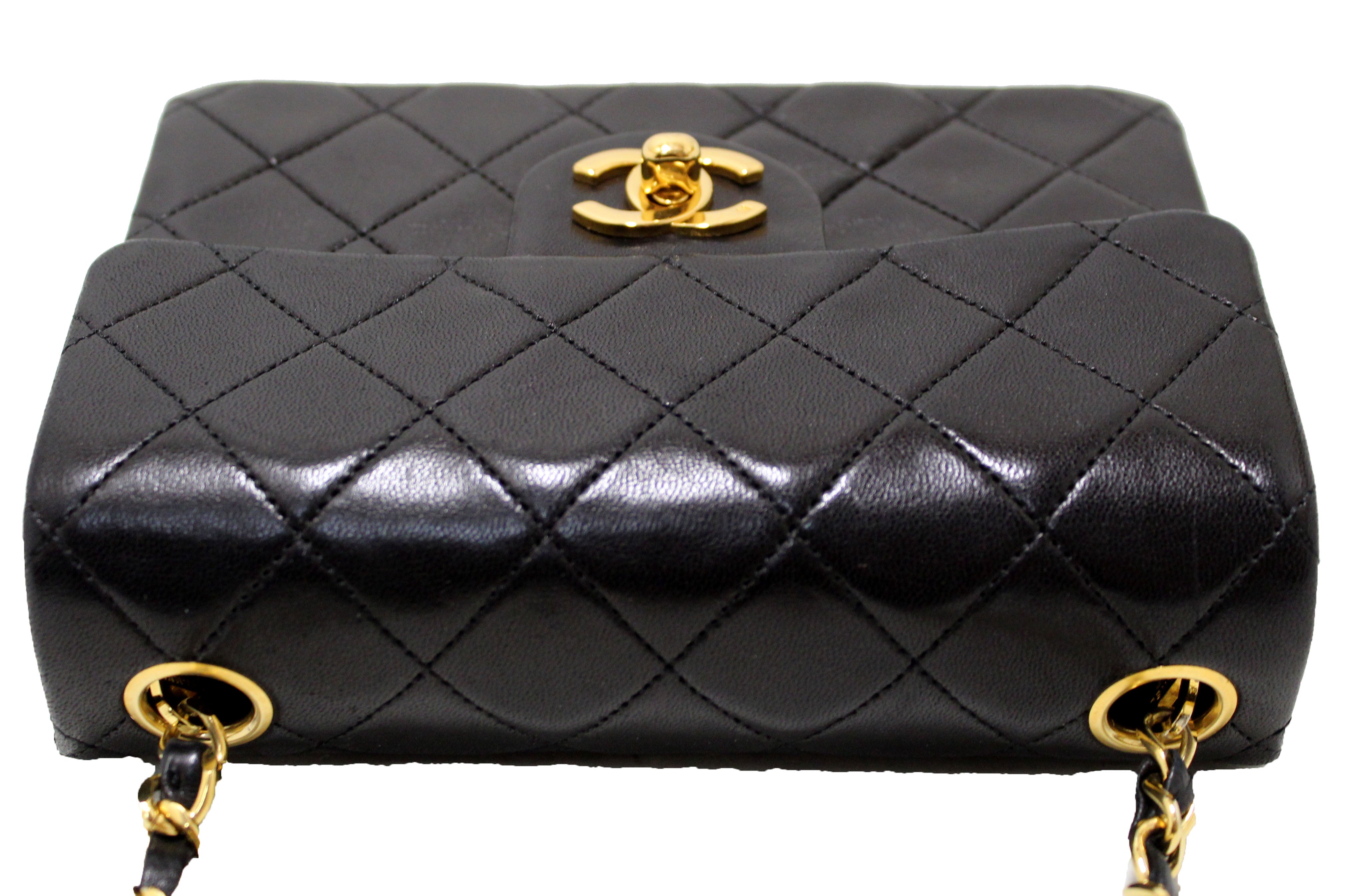 Authentic Chanel Vintage Black Quilted Lambskin Leather Classic Mini Square Flap Bag