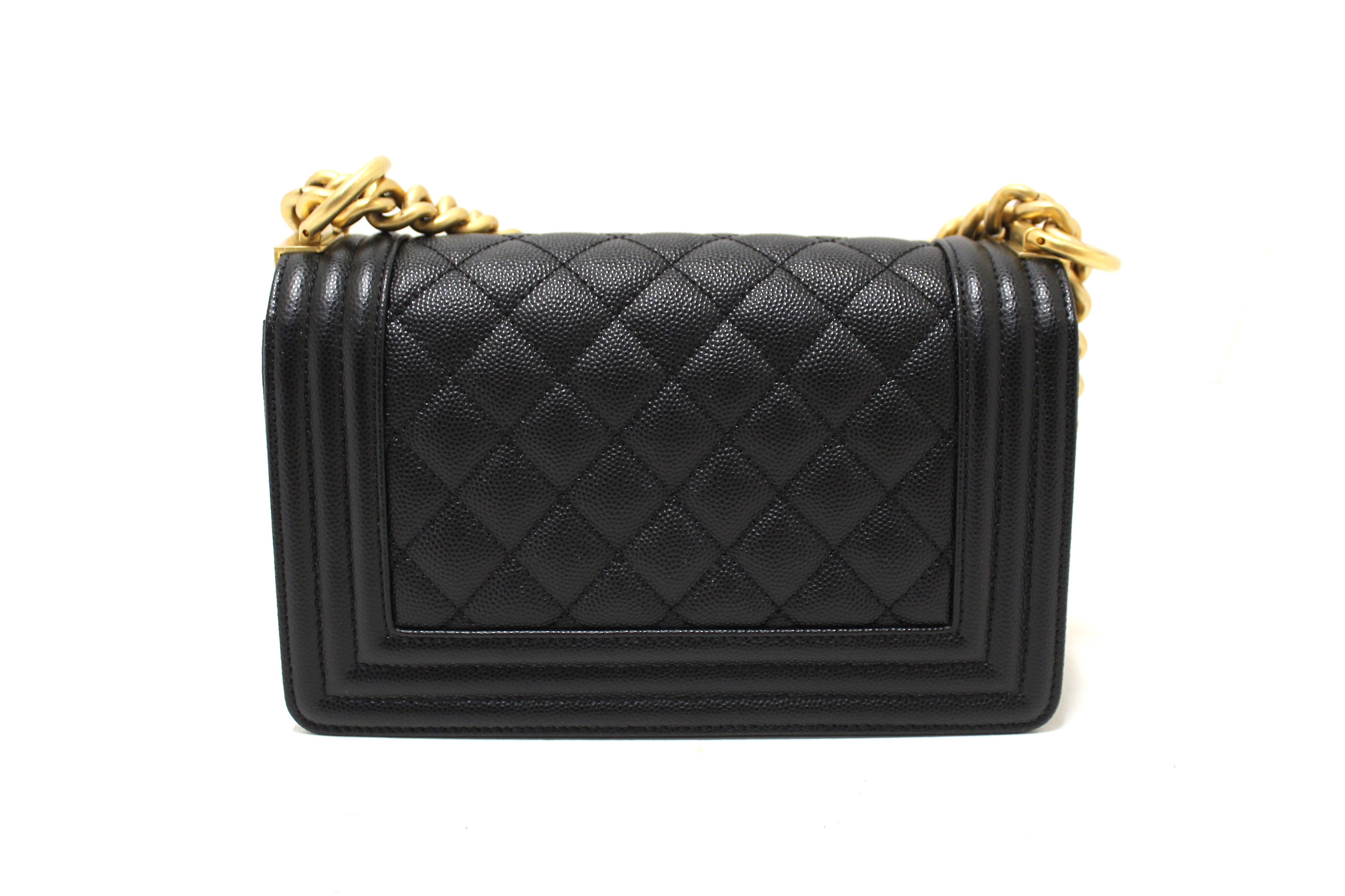 Authentic Chanel Black Quilted Caviar Leather Small Boy Flap Shoulder Bag