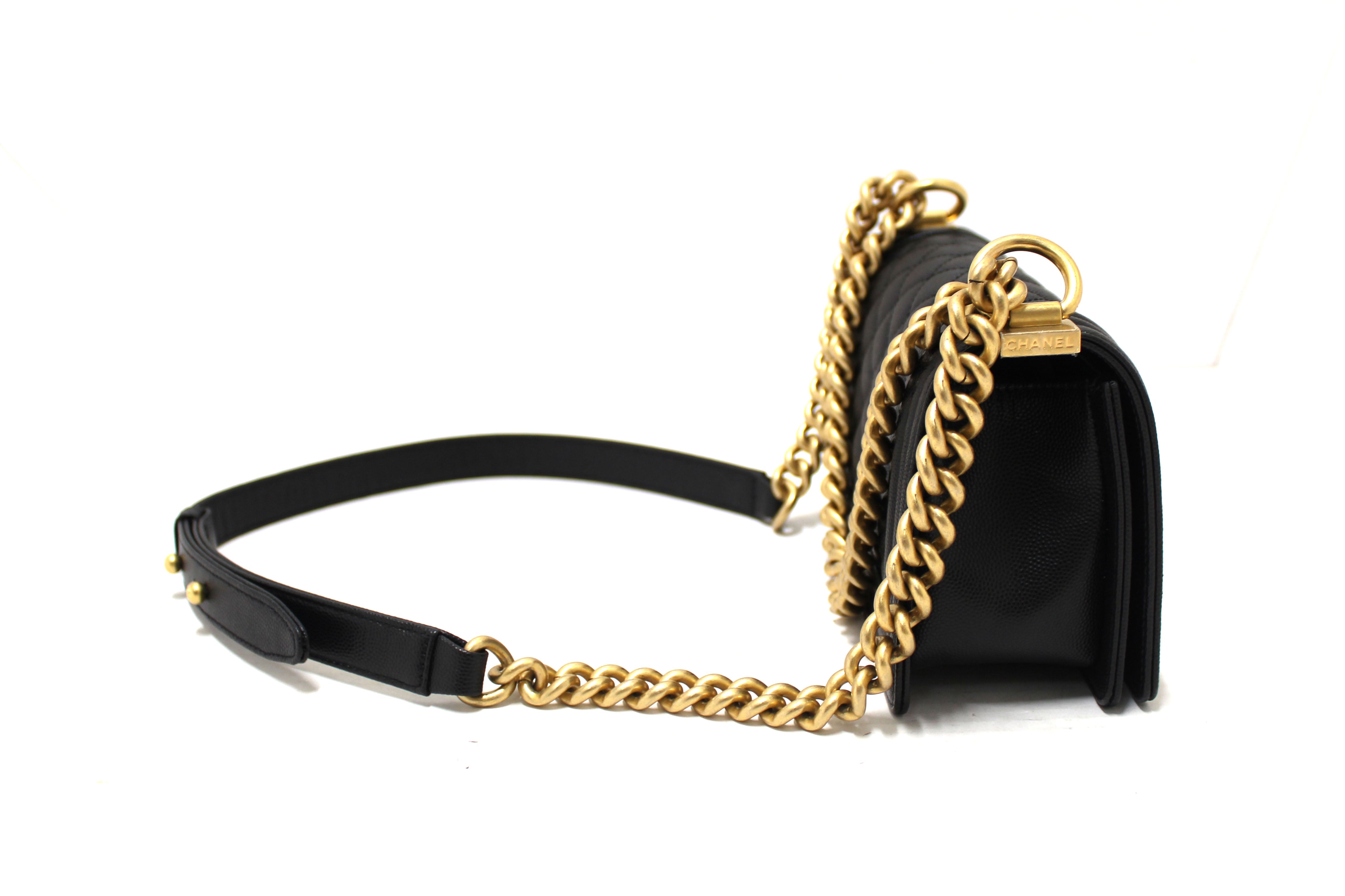Authentic Chanel Black Quilted Caviar Leather Small Boy Flap Shoulder Bag
