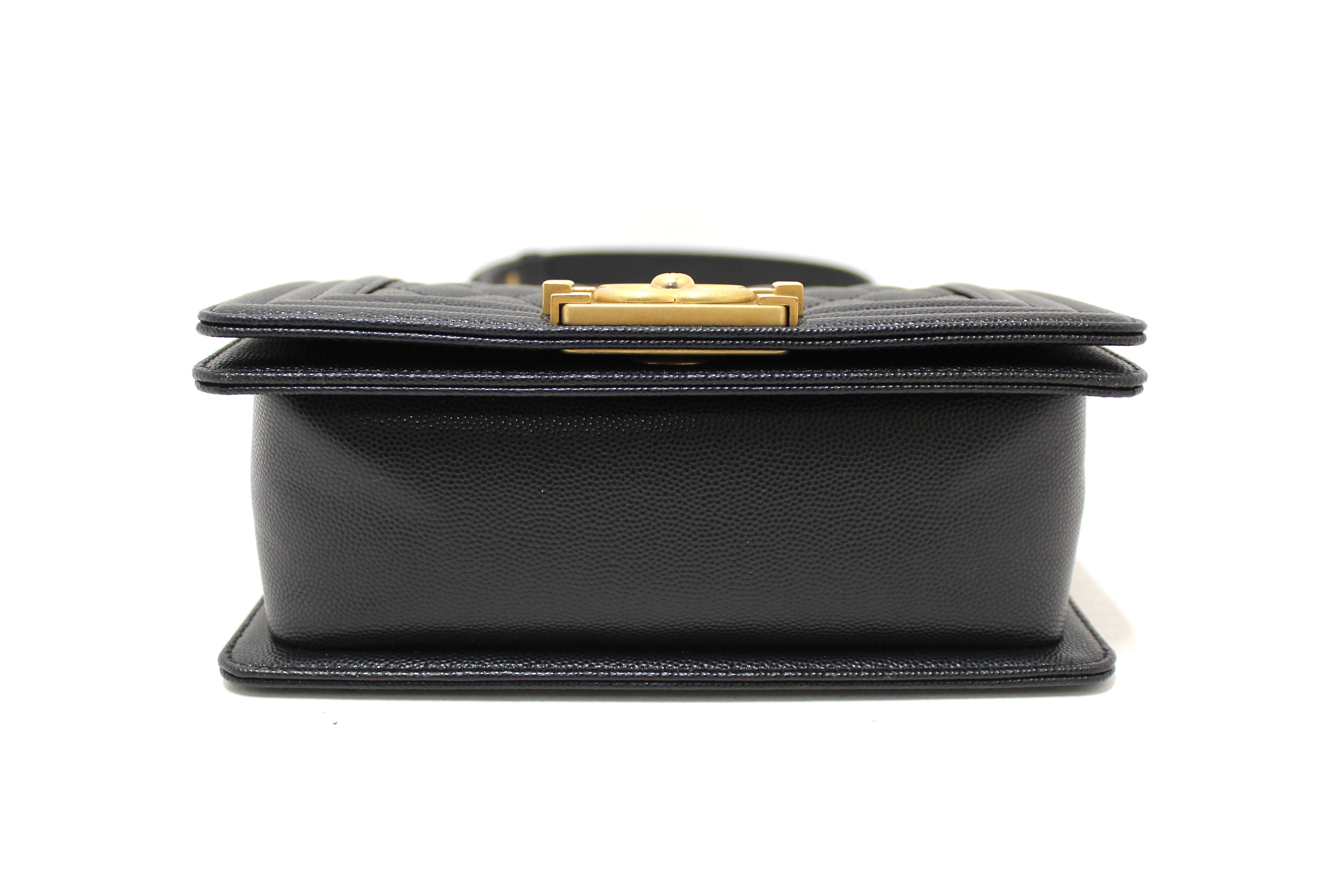 Authentic Chanel Black Quilted Caviar Leather Small Boy Flap Shoulder Bag