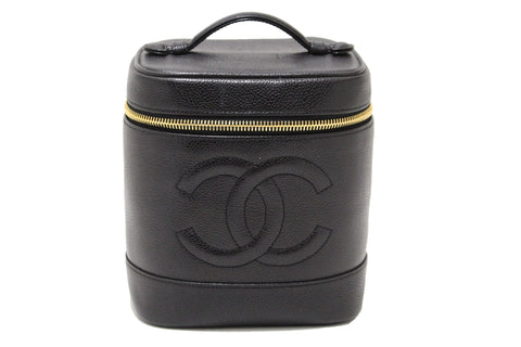 Authentic Chanel Vintage Black Caviar Leather Vanity Cosmetic Case