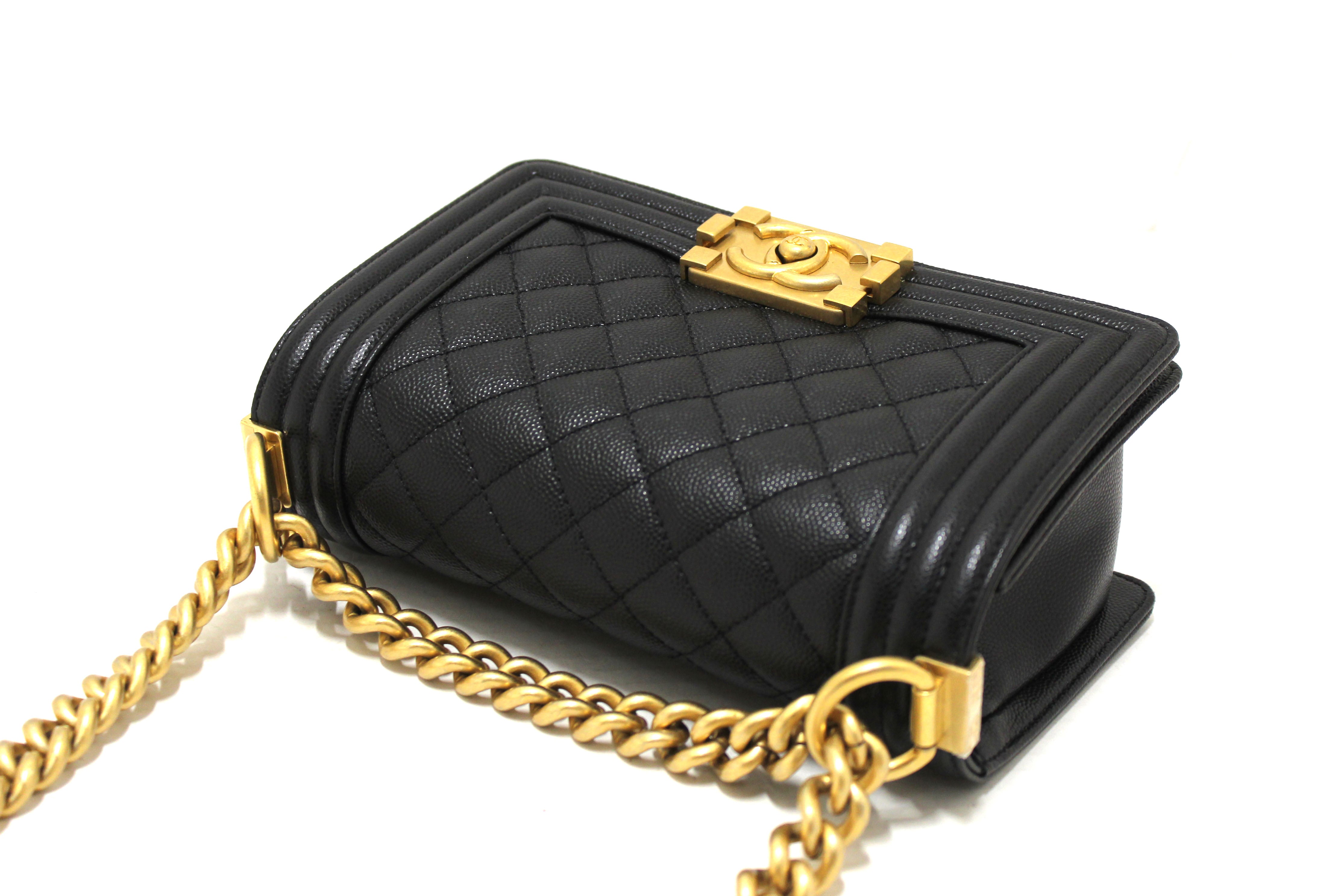 Authentic Chanel Black Quilted Caviar Leather Small Boy Flap Shoulder Bag