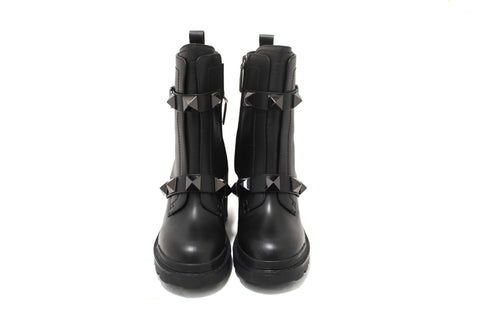 Authentic New Valentino Garavani Black Leather Roman Stud Combat Ankle Boots Shoes Size 37