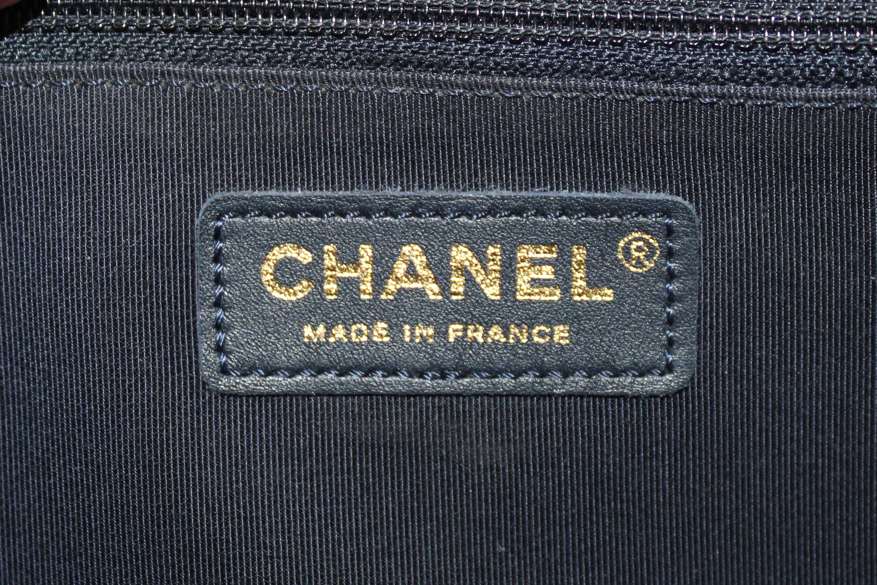 Authentic Chanel Blue Quilted Lambskin Leather New Medium Boy Shoulder Bag