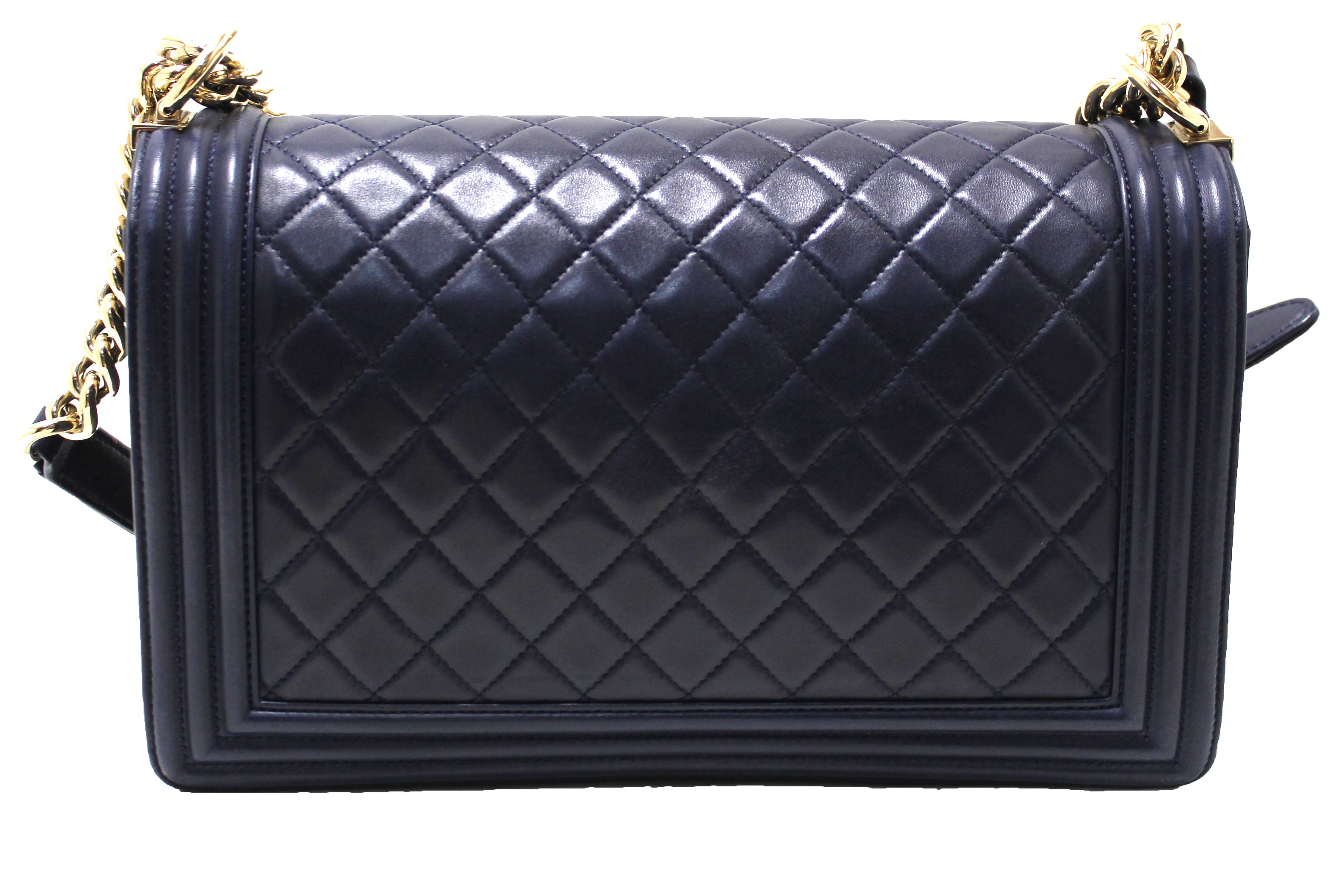Authentic Chanel Blue Quilted Lambskin Leather New Medium Boy Shoulder Bag