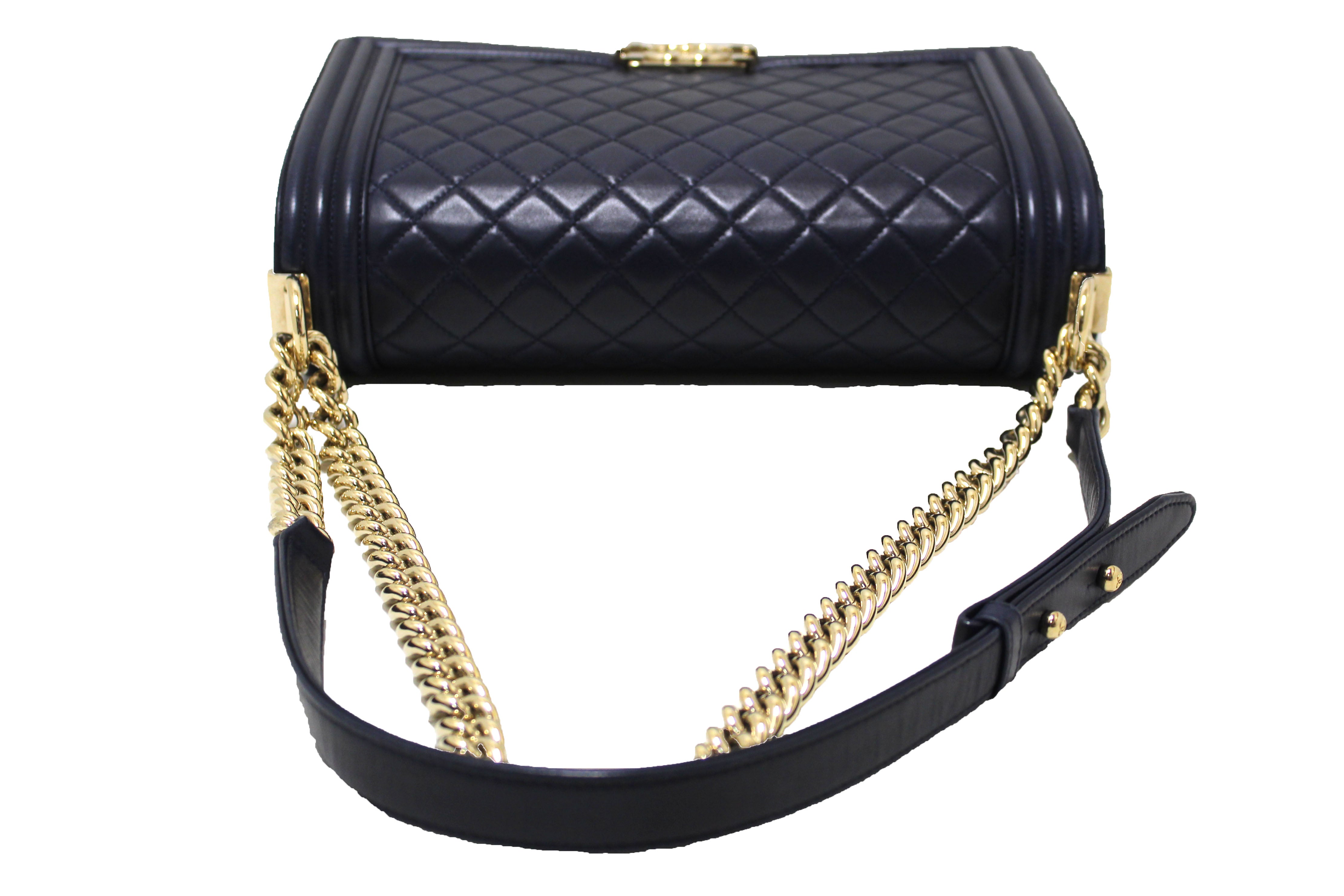 Authentic Chanel Blue Quilted Lambskin Leather New Medium Boy Shoulder Bag