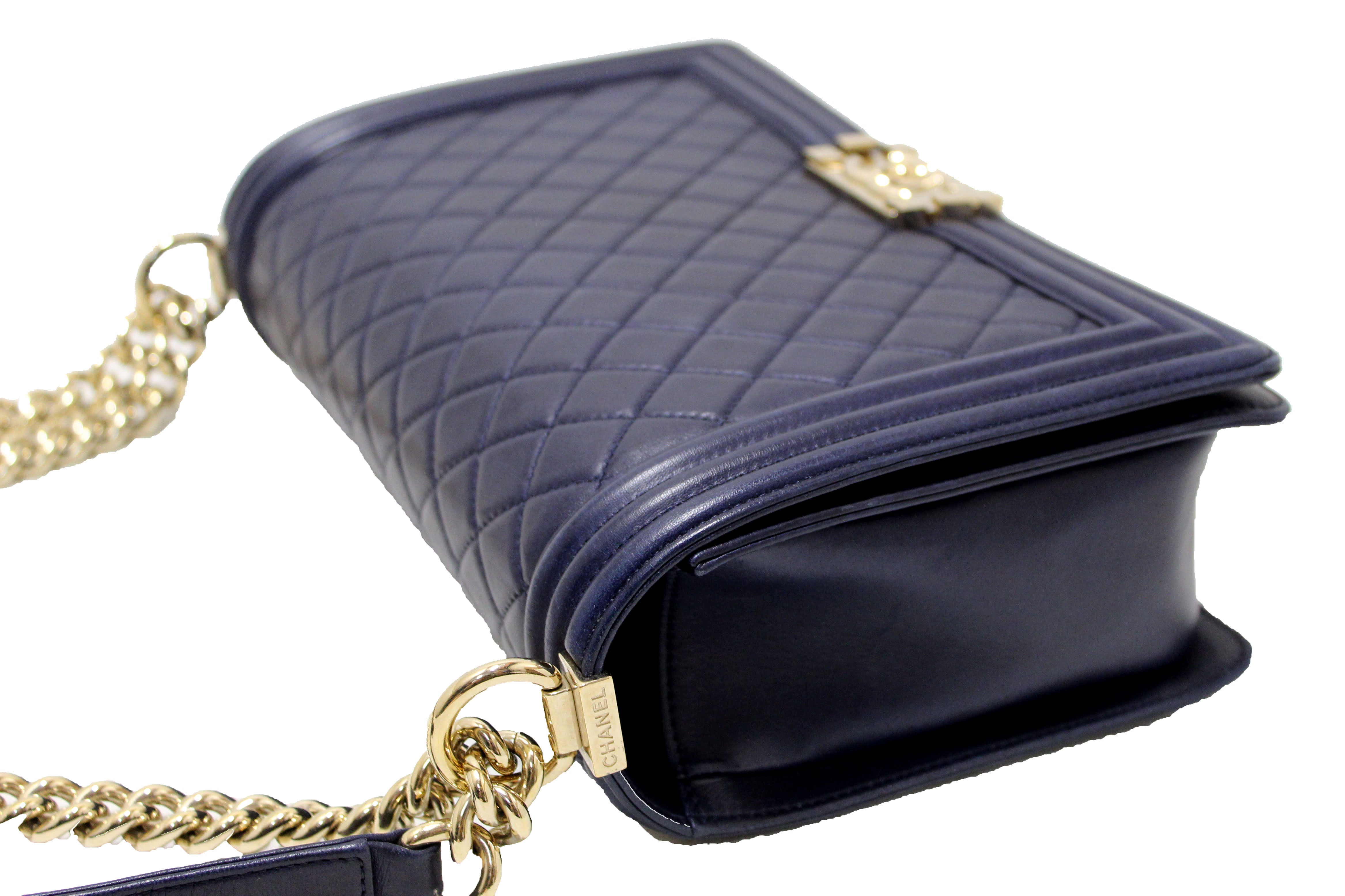 Authentic Chanel Blue Quilted Lambskin Leather New Medium Boy Shoulder Bag