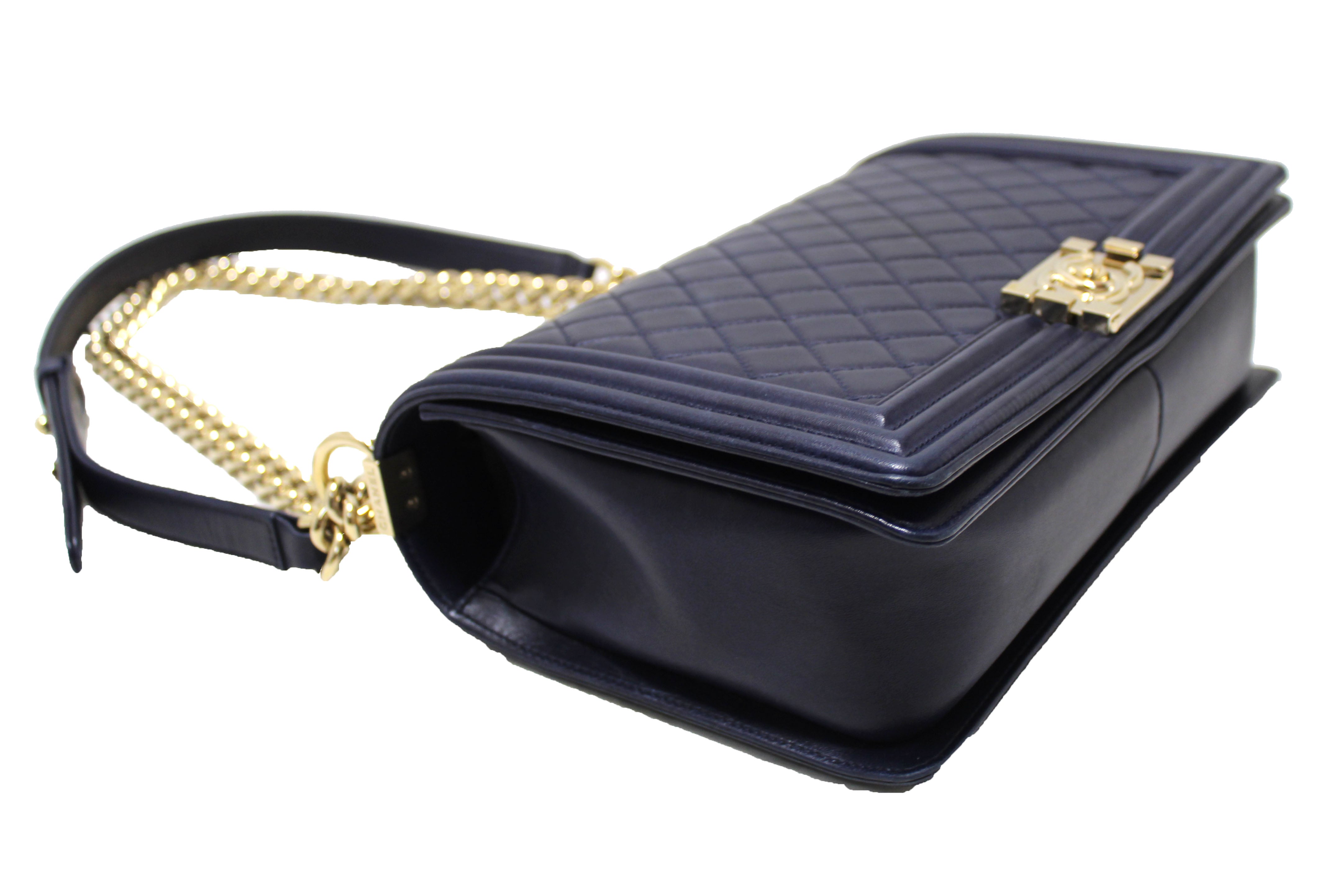 Authentic Chanel Blue Quilted Lambskin Leather New Medium Boy Shoulder Bag