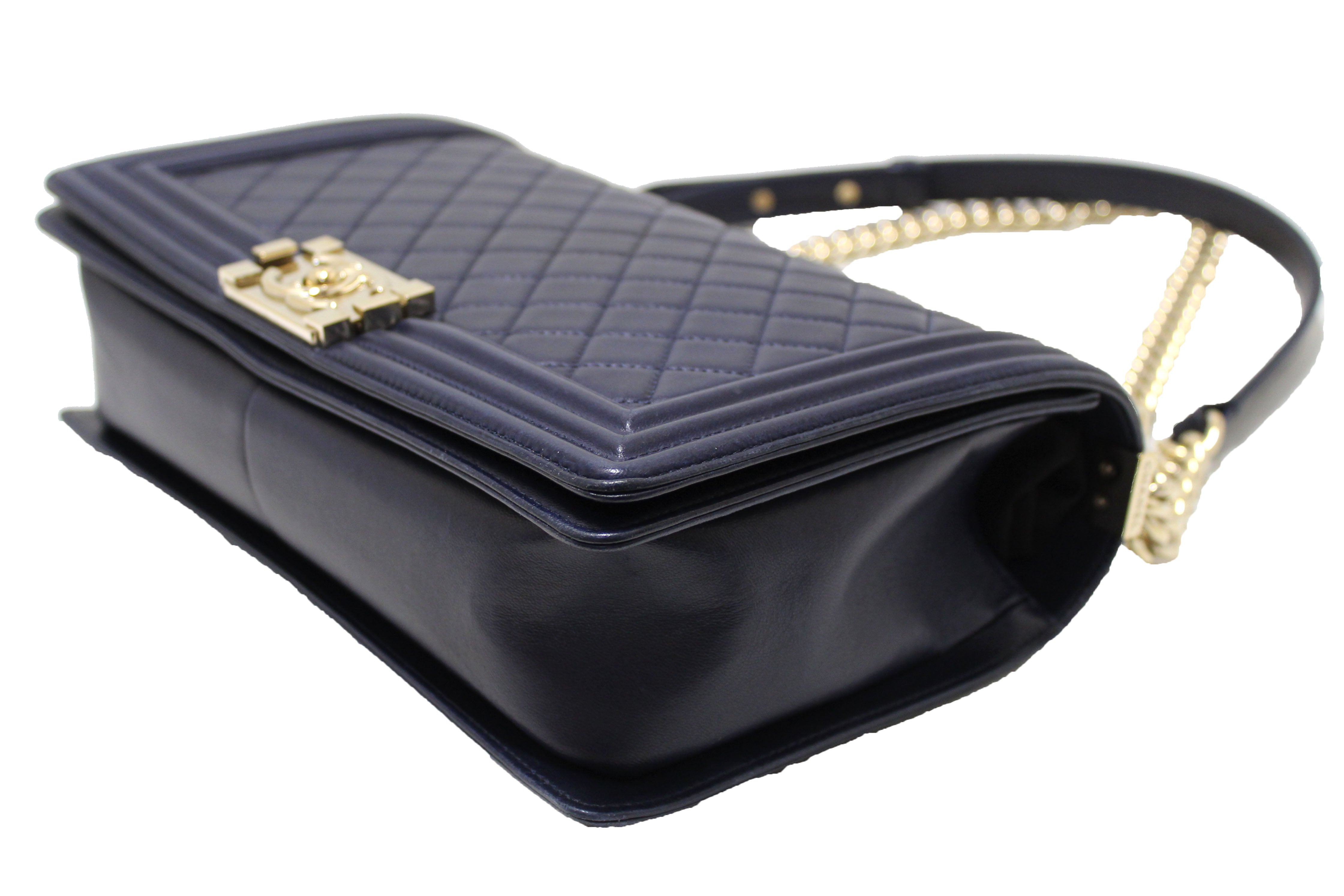 Authentic Chanel Blue Quilted Lambskin Leather New Medium Boy Shoulder Bag