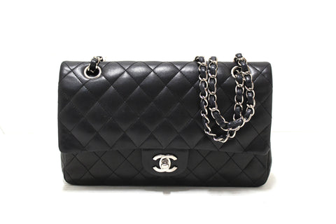 Authentic Chanel Black Lambskin Leather Medium Classic Flap Chain Bag