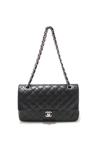 Authentic Chanel Black Lambskin Leather Medium Classic Flap Chain Bag