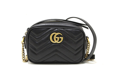 Authentic Gucci Black Marmont Matelasse Leather Mini Camera Crossbody Bag