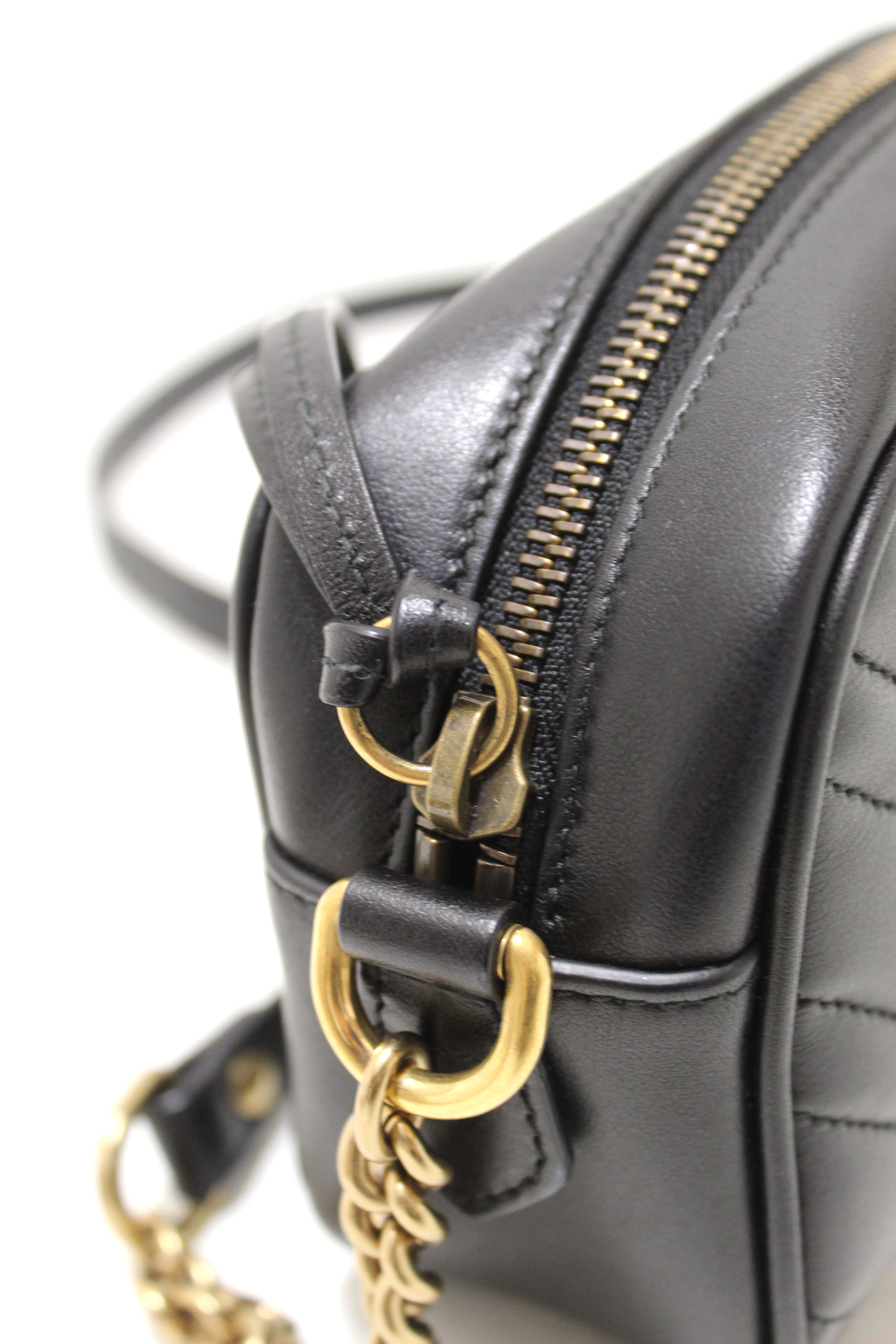 Authentic Gucci Black Marmont Matelasse Leather Mini Camera Crossbody Bag