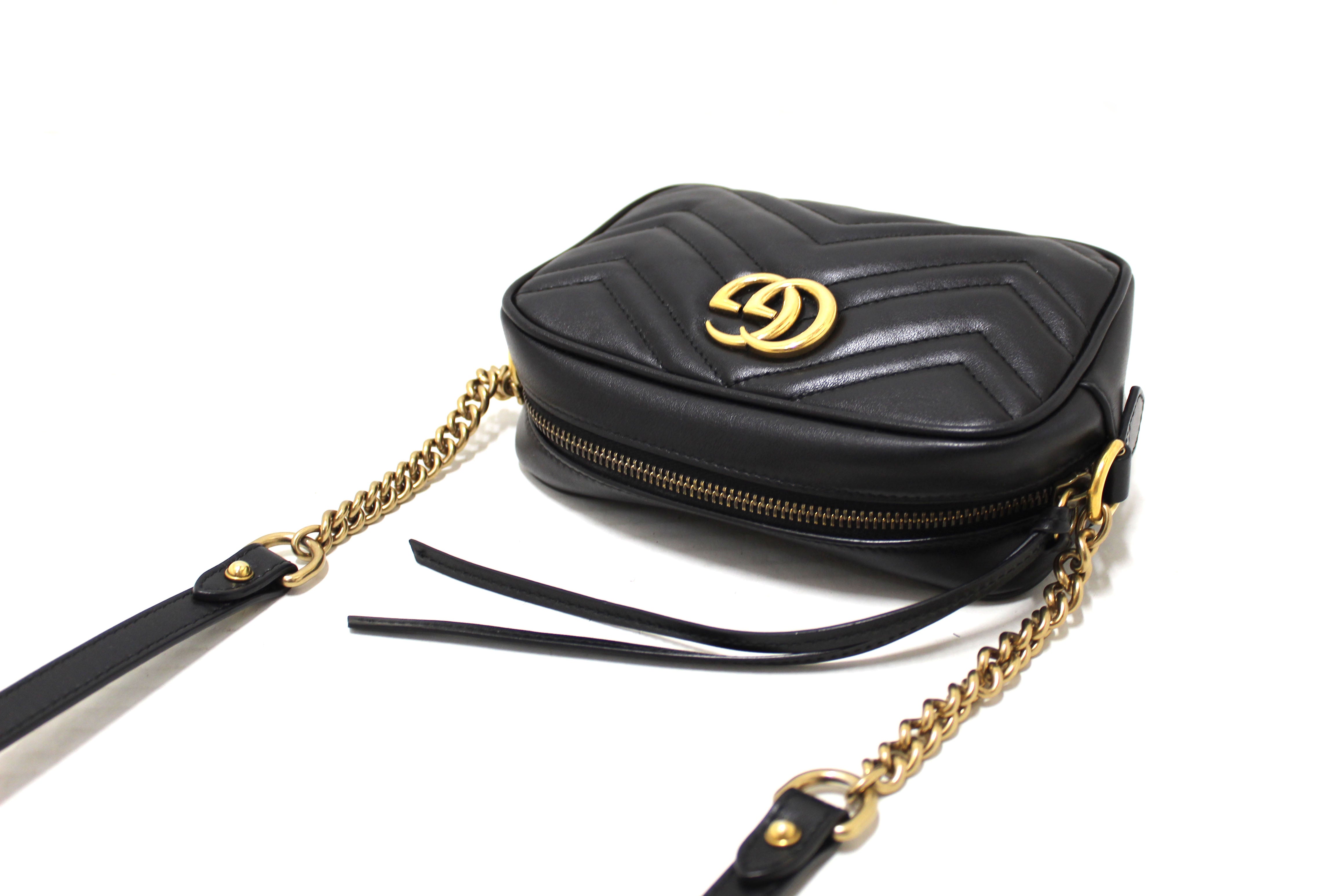 Authentic Gucci Black Marmont Matelasse Leather Mini Camera Crossbody Bag