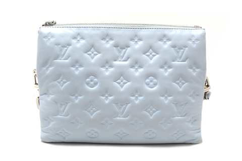 Authentic Louis Vuitton Ice Blue Lambskin Embossed Monogram Coussin PM Bag